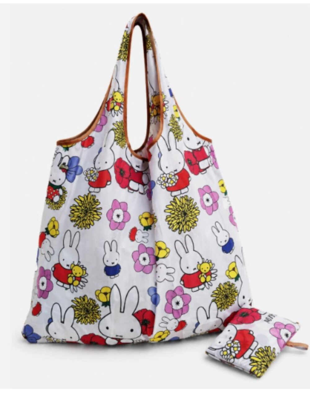 （Set of 2) Miffy Style Tote Blue Flower Rabbit 2-Way LARGE Market Foldable Bag - Picture 3 of 3